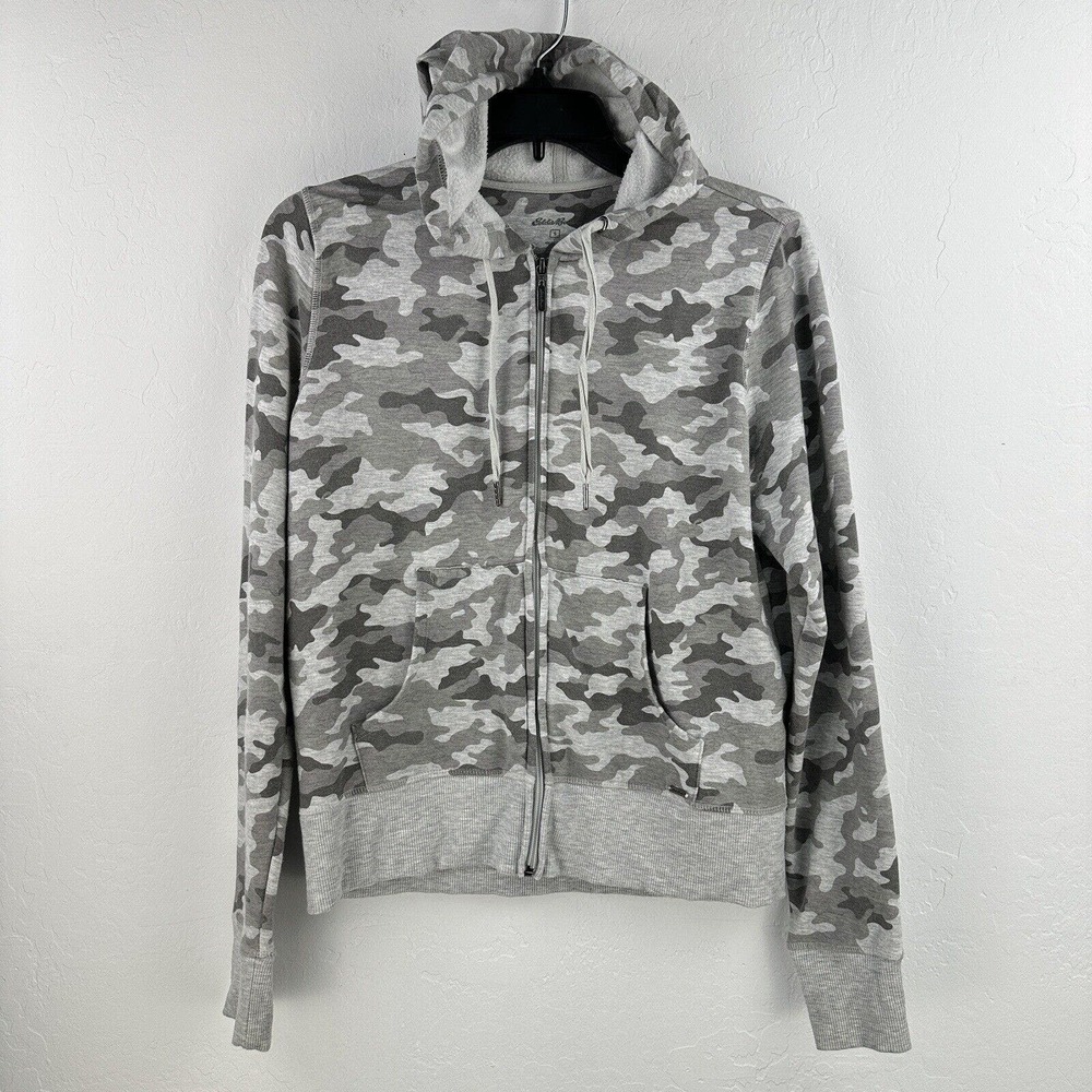 Eddie Bauer Women's S Sweatshirt Gray Camo Fleece Lounge Hoodie Full Zip-up Soft